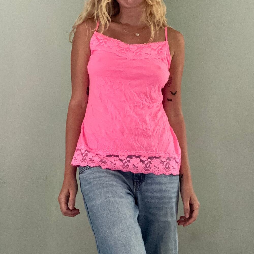 Maurices Crinkle Lace Trim Camisole Tank Top Neon Hot Pink Size Large Baddie